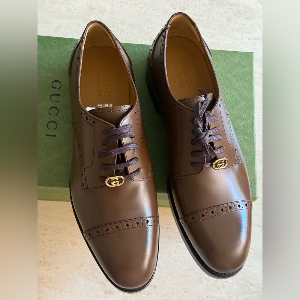 NWB GUCCI SHOES MENS ROOSTER BROGUE
BROWN LEATHER DURBY GUCCI SIZE/10 - Picture 13 of 16